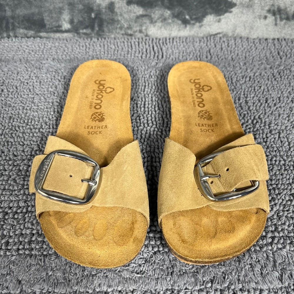 Yokono Spain Tan Suede Leather Slide Sandals Buckle Cork Footbed Womens 9